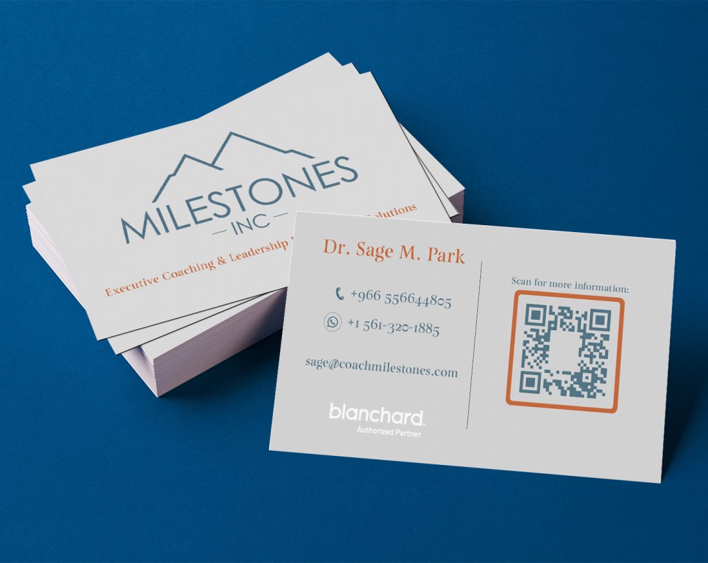 Brand collateral print and digital Business cards for Milestones, Inc. following branding as examples of freelance graphic design by creator Mr. Rakoon Studio.