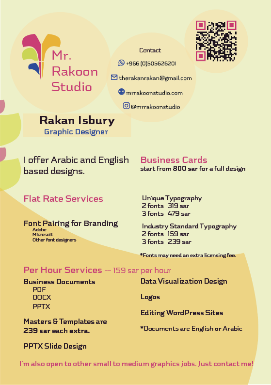 Digital flyer ad for Freelance Graphic Design business services of Mr. Rakoon Studio/ Rakan Isbury designed using the company branding.